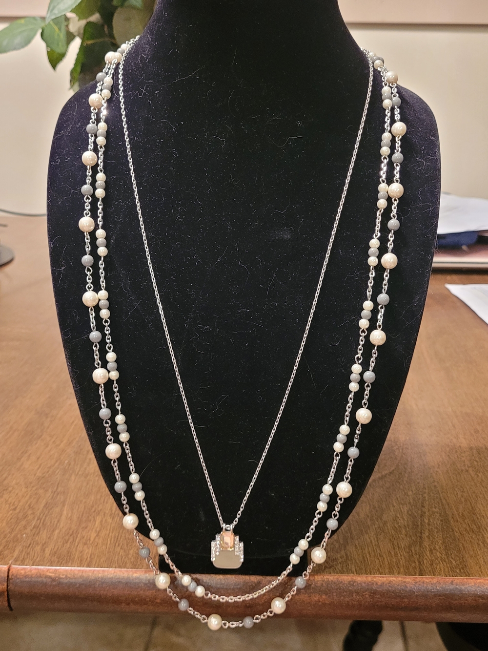 Lia Sophia Long Layered Convertible Necklace Faux Pearl Gray Bead Rhinestone